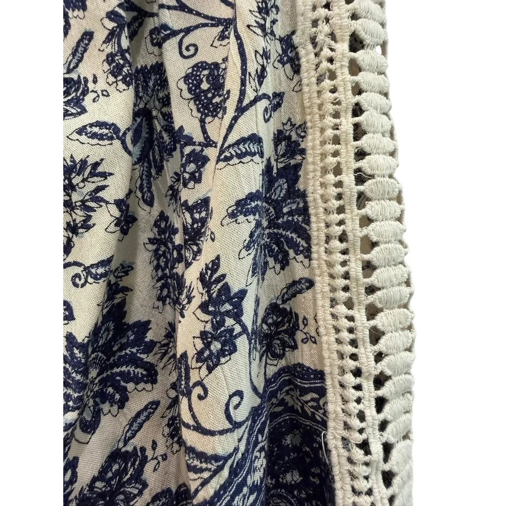 Angie Blue Floral Paisley Boho Peasant Crochet Lace Trim Tiered Mini Dress Small